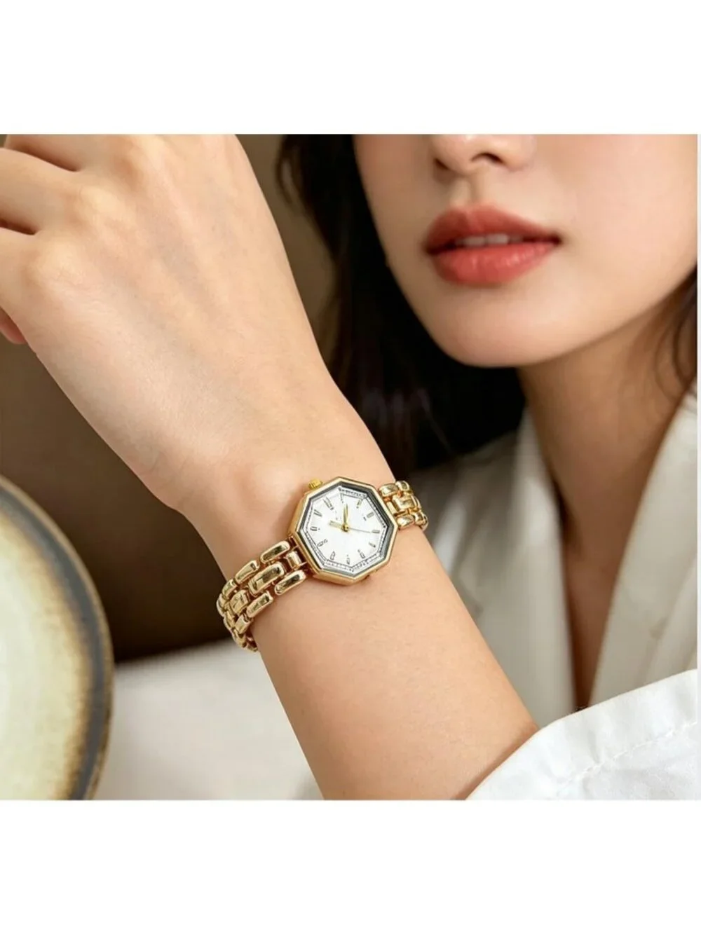 Women's Gold White Octagonal Stainless Steel Dress Quartz Vintage Wrist Watches